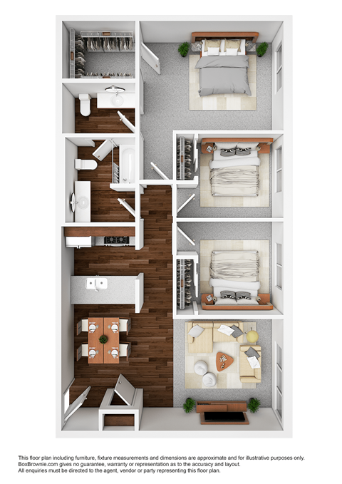 A floor plan of a house with a living room, dining room, kitchen, and bedrooms.